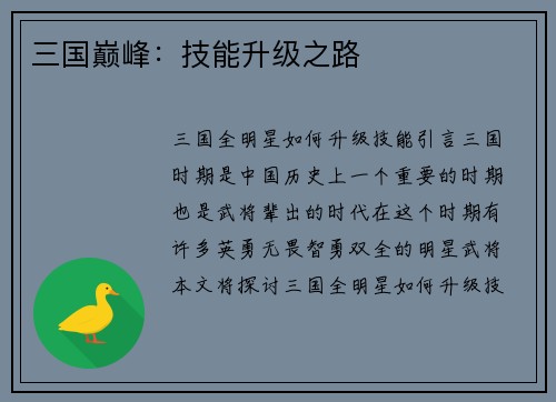 三国巅峰：技能升级之路